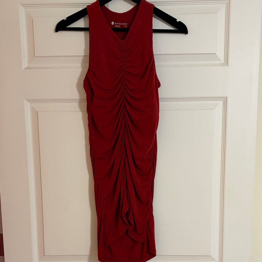 KiraGrace Ruched Goddess Sleeveless Midi Dress - Crimson Red